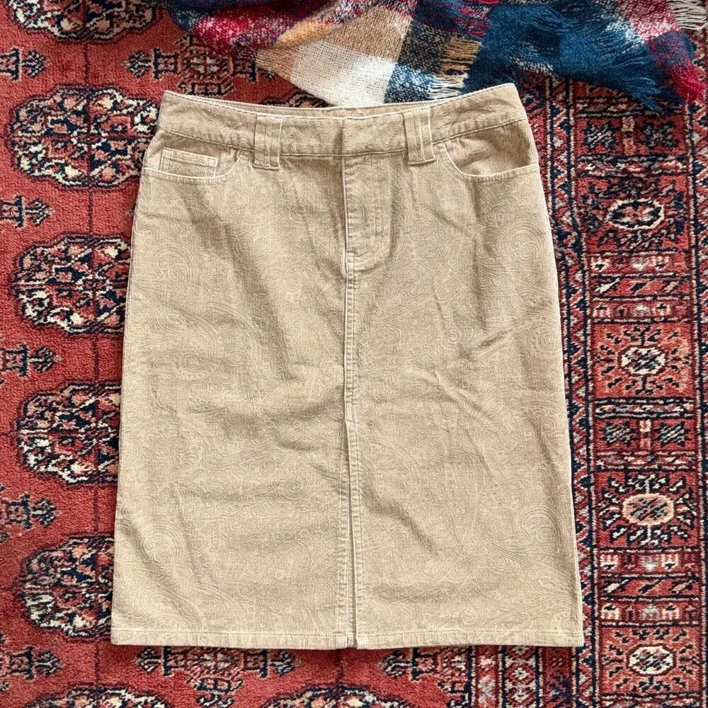 Express Tan Corduroy Paisley Pattern‎ Jeans Style Pencil Skirt Center Split